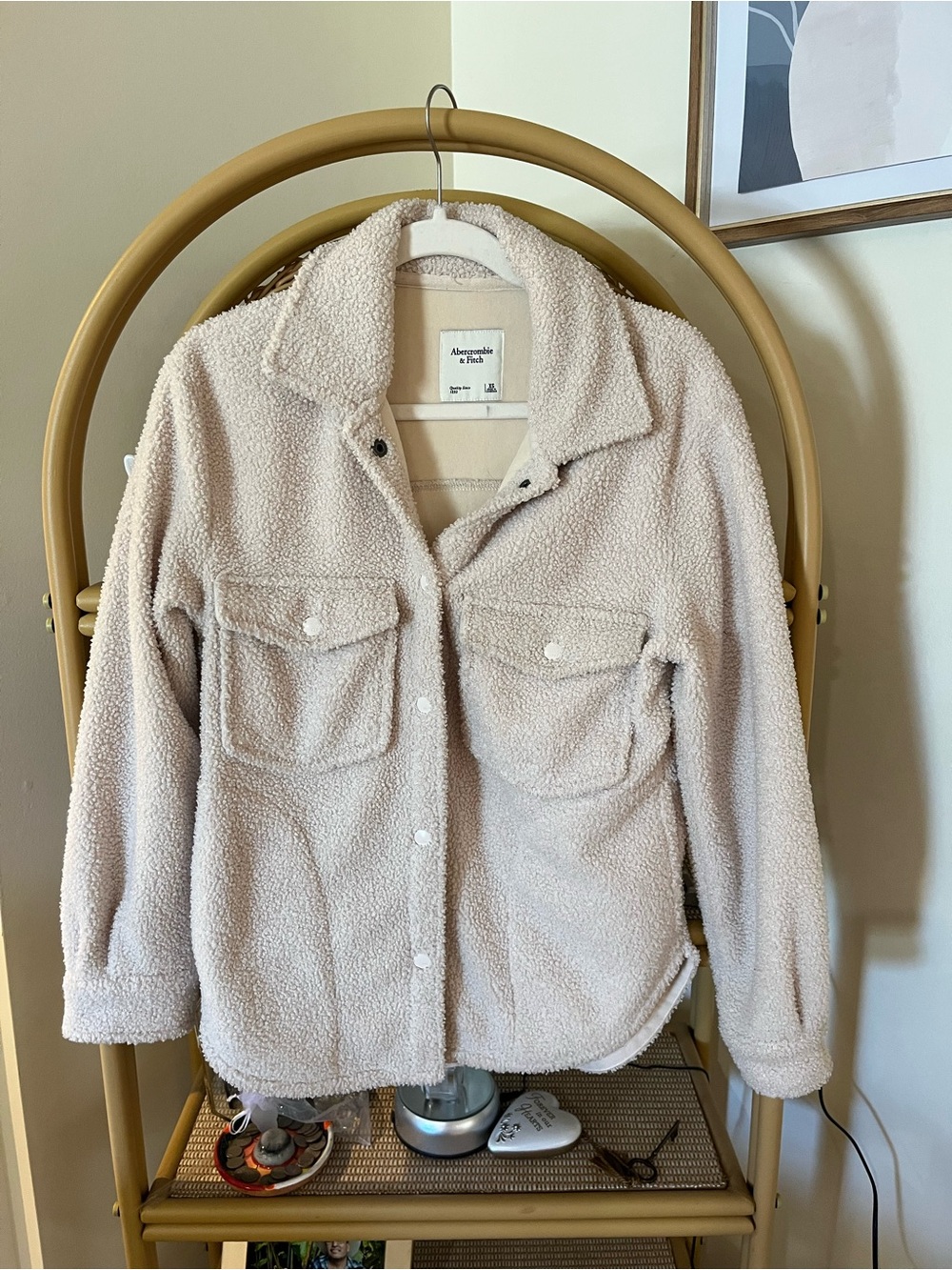 Abercrombie & Fitch Cream Sherpa Shacket with Patch Pockets